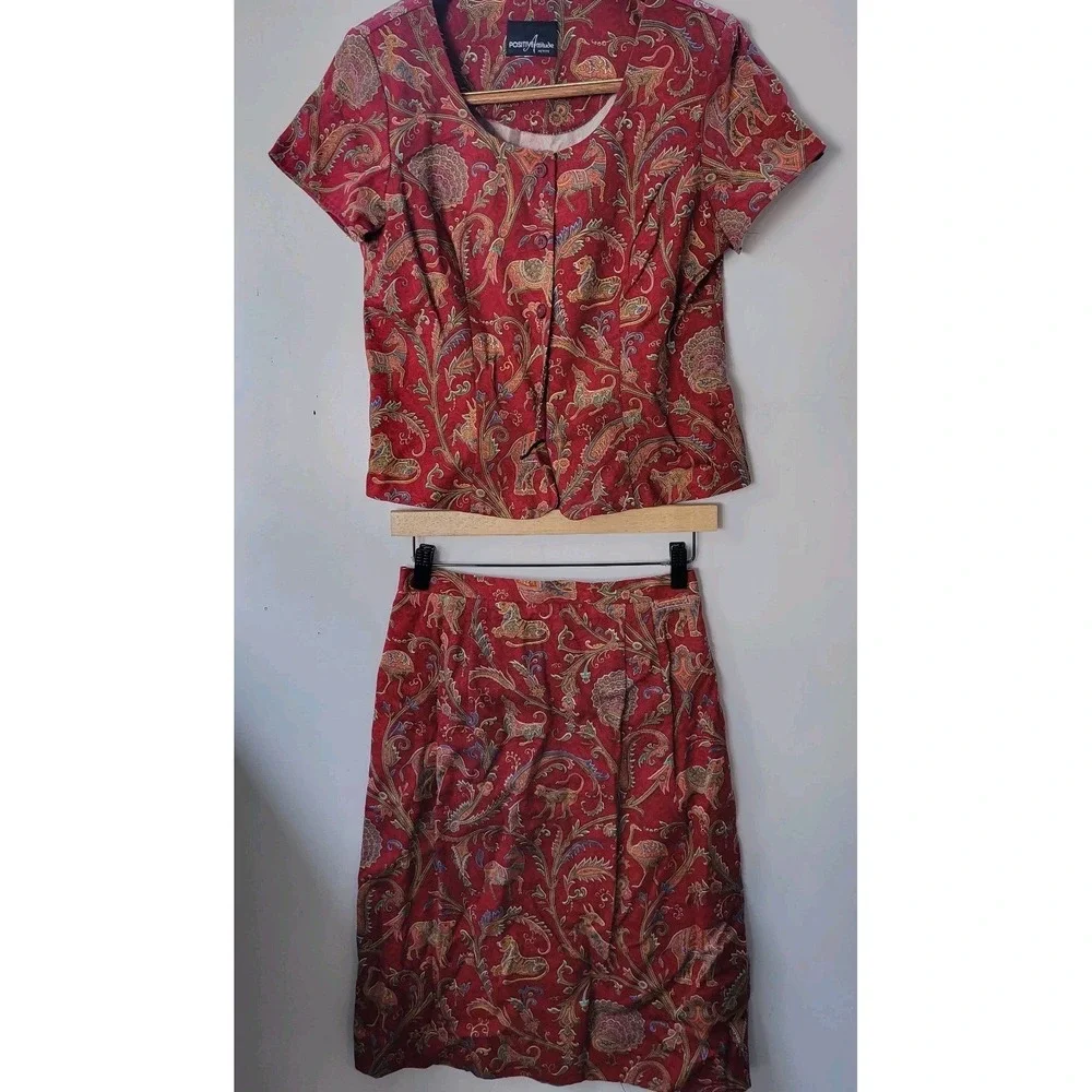 Positive Attitude Tapestry Skirt Set Womens Petite Red Vintage Animal Print EXCL